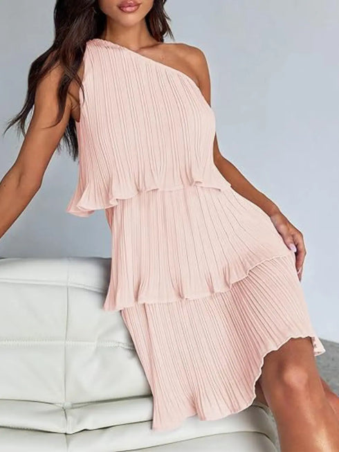 'Hesper' Layered Single Shoulder Mini Dress - Celes Fashion